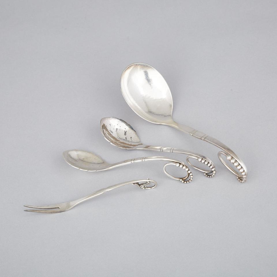 Three Danish Silver Serving Spoons, #41 and a Fork, #21, Georg Jensen, Copenhagen, 20th century