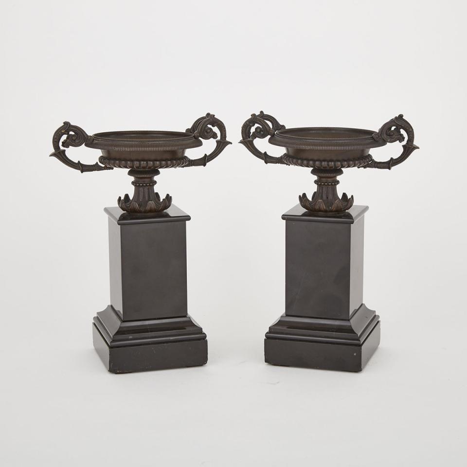 Pair of Patinated Bronze and Black Belgian Marble Mantel Urns, late 19th century