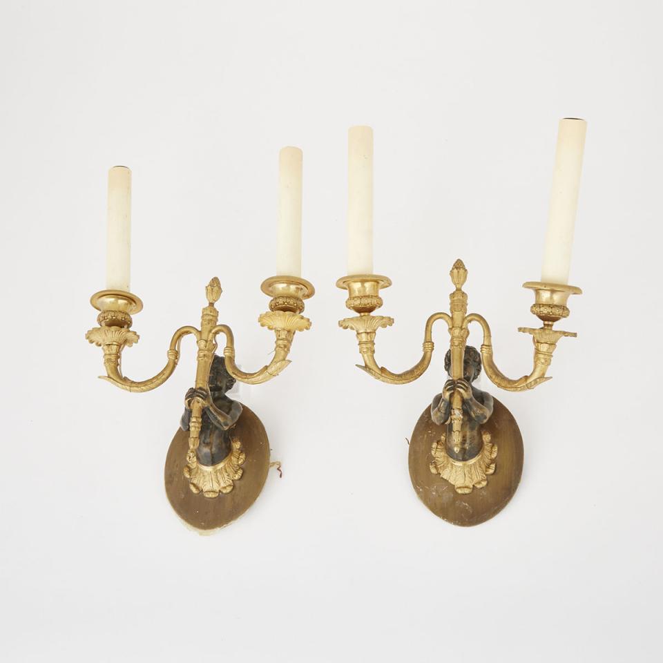 PAIR OF French Empire Sytle  GILT AND PATINATED BRONZE TWO LIGHT WALL SCONCES, early 20th century