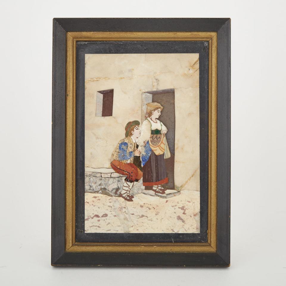 Italian Pietra Dura Picture of a Young Couple in a Doorway, early 20th century