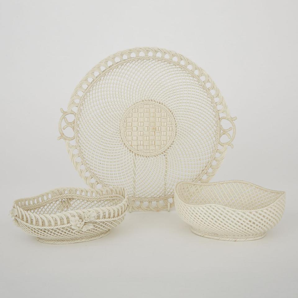 Two Belleek Oval Baskets and a Cake Plate, 20th century
