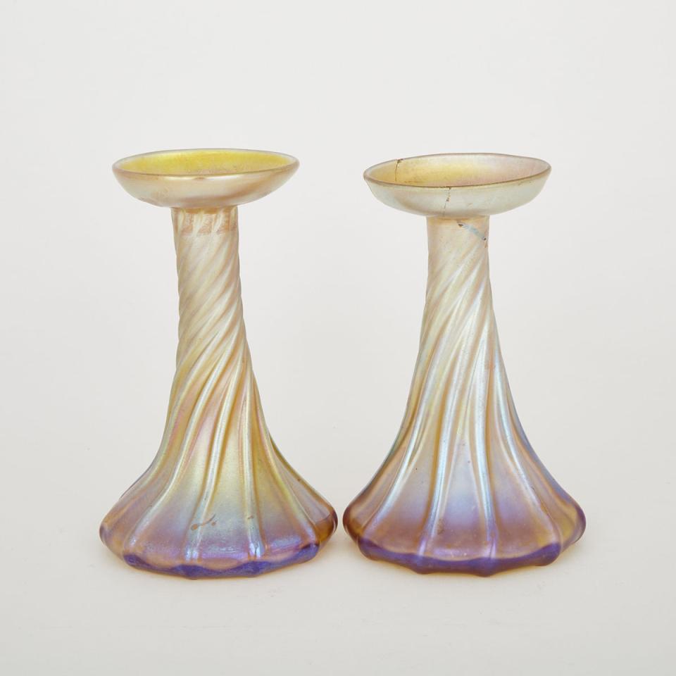 Pair of Tiffany ‘Favrile’ Iridescent Glass Candlestick Vases, early 20th century