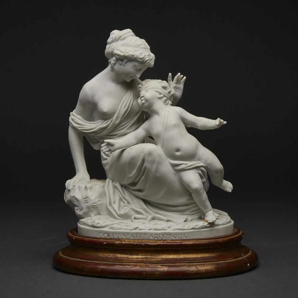 ‘Colin Maillard Assis’, French White Biscuit Venus and Cupid Figure Group, after Louis Simon Boizot, 19th century