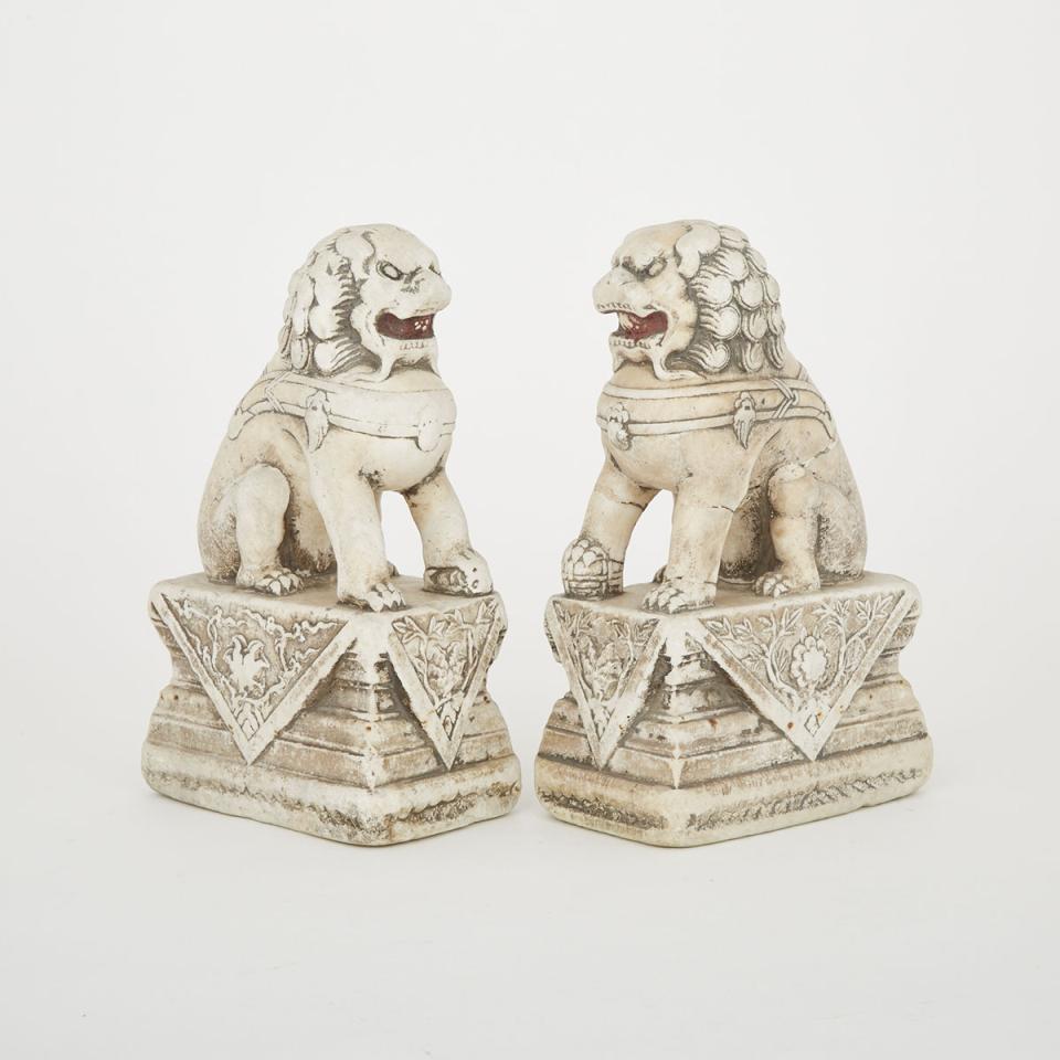 Pair of Chinese Carved Marble Foo Lions, early 20th century