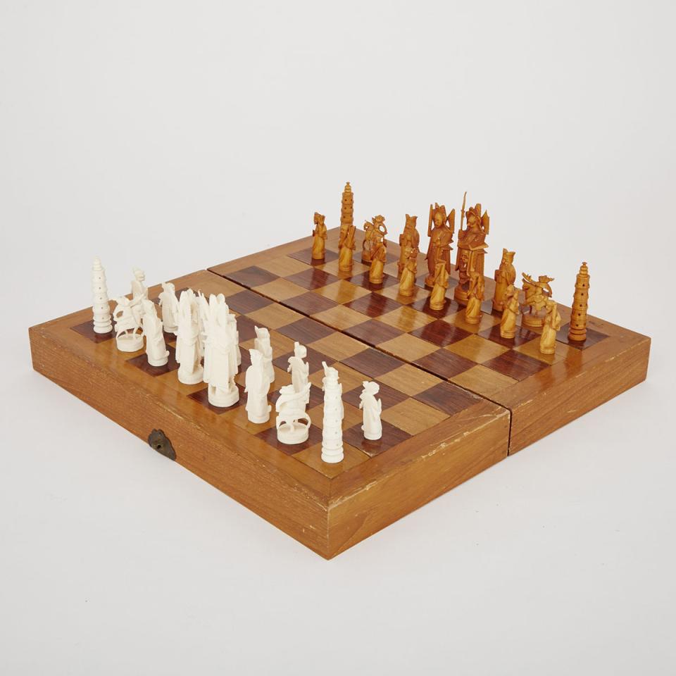 Chinese Carved Ivory Chess Set, mid 20th century