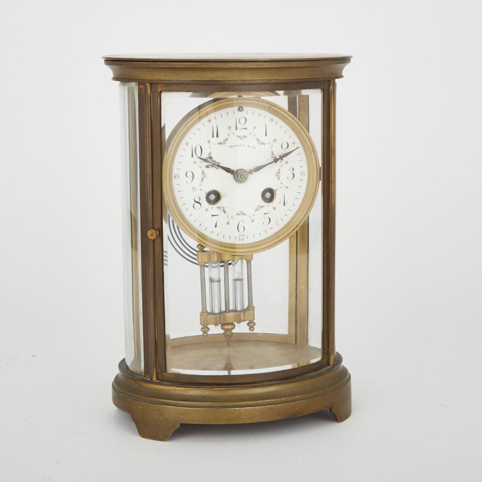 French Oval Gilt Bronze Four Glass Panel Mantle Clock, c.1900
