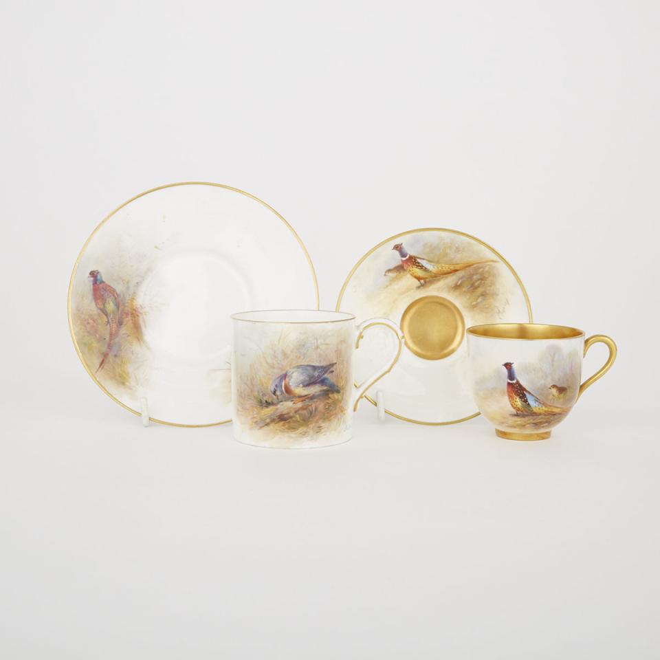 Two Royal Worcester Game Cups and Saucers, James Stinton and Leighton Maybury, 1941 and 1952