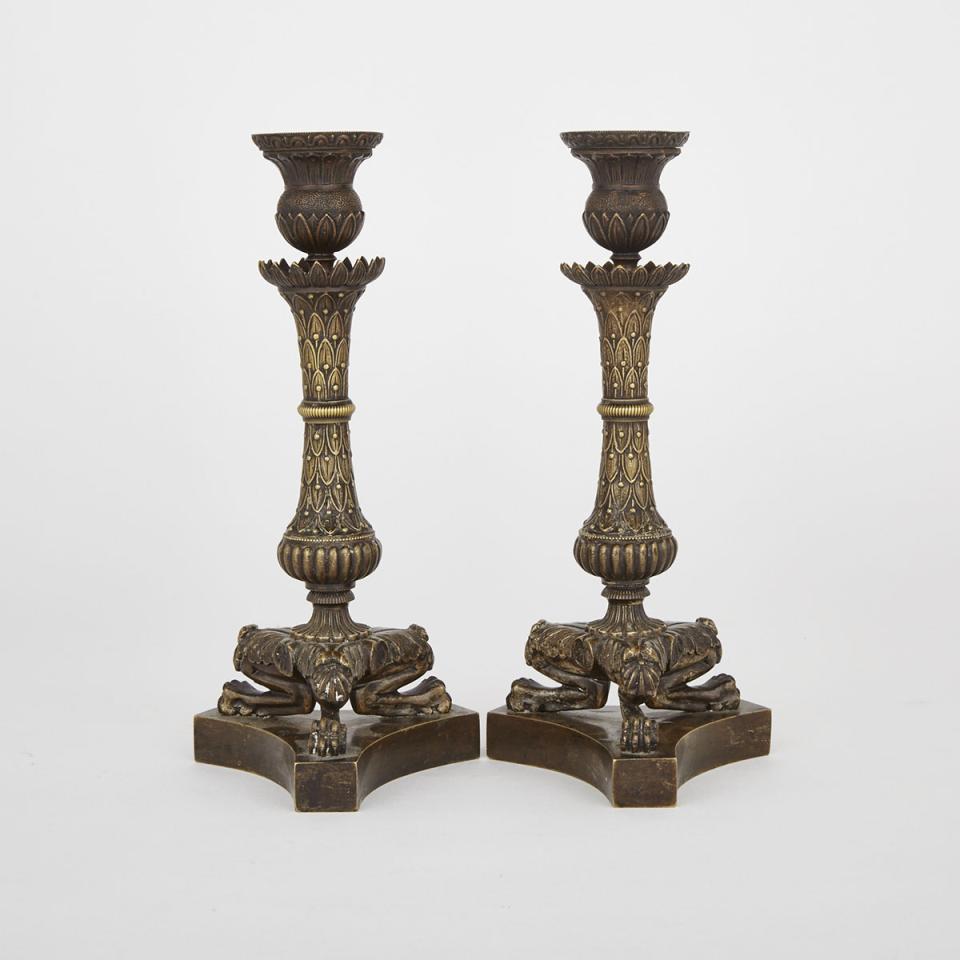 Pair French Empire Bronze Candlesticks, early 19th century