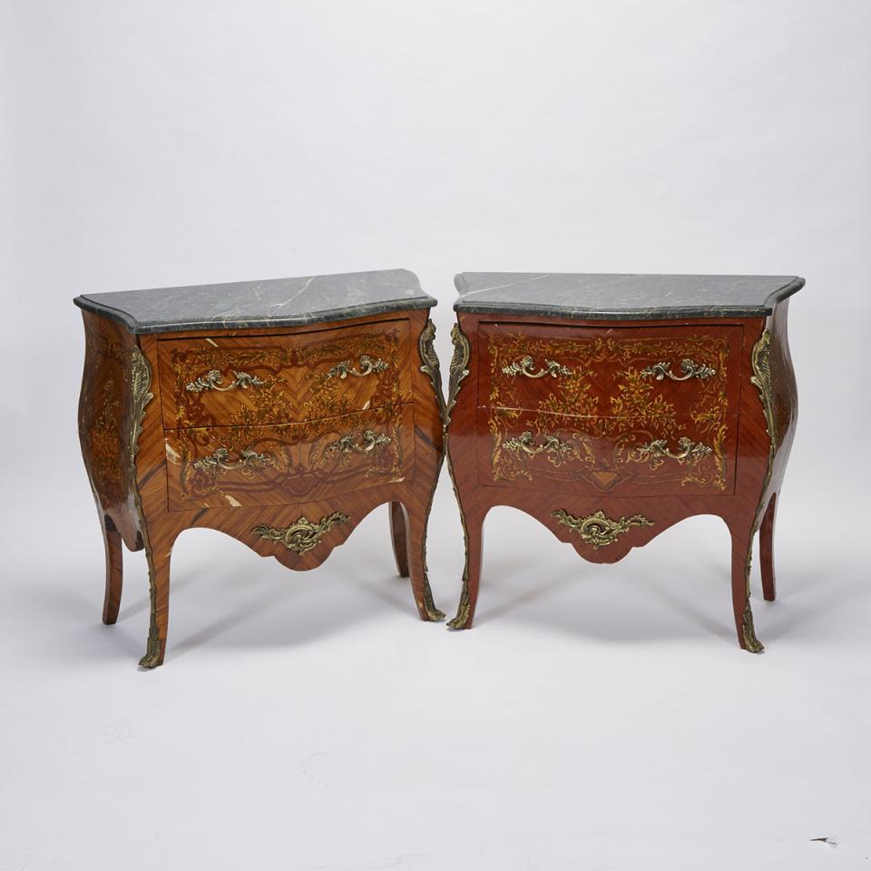 Pair of Louis XV Style Ormolu Mounted, Marquetry and Penwork Decorated Kingwood Commodes, mid 20th century