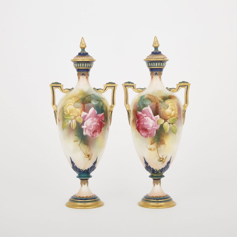 Pair of Royal Worcester Two-Handled Vases with Covers, 1909