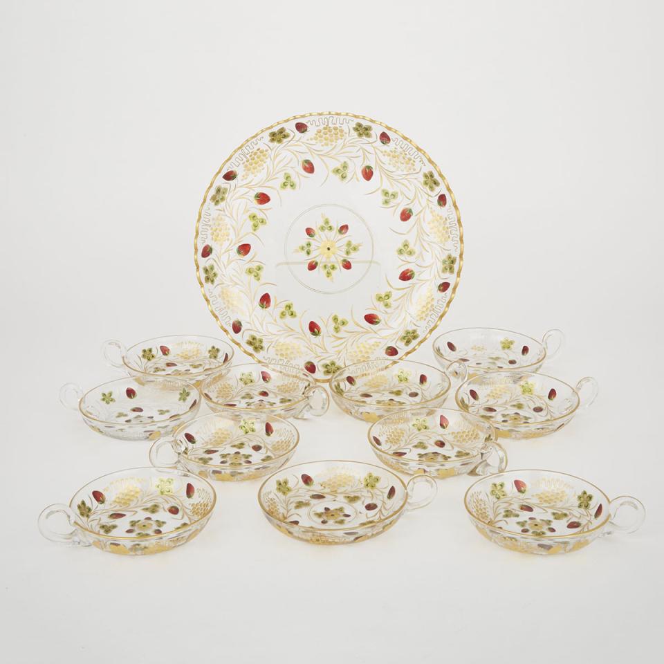 Eleven Continental Etched, Enameled and Gilt Strawberry Dishes and a Tray, c.1900 