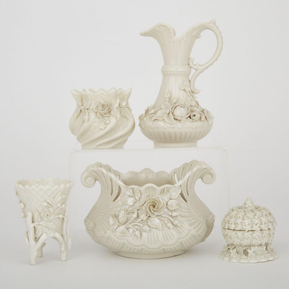 Group of Belleek Vessels with Applied Floral Ornament, c.1891-1926