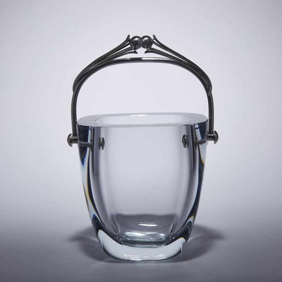 Danish Silver Mounted Strömbergshyttan Glass Ice Bucket, 1960s