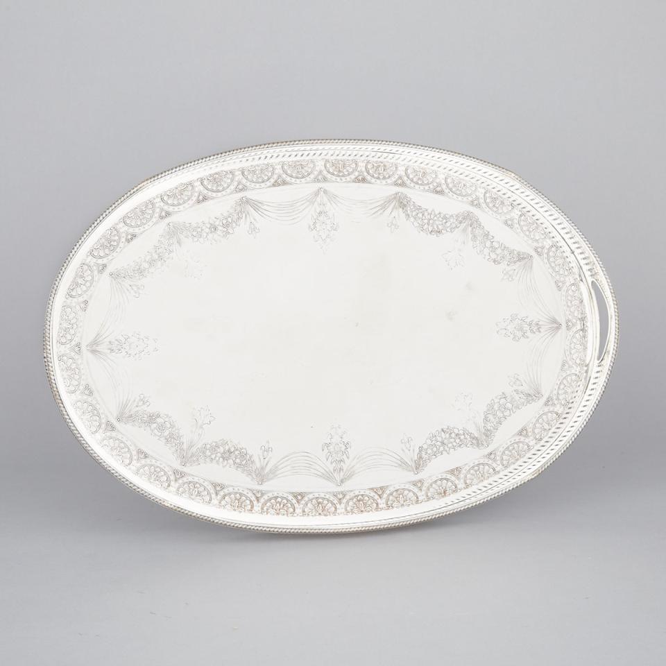 English Silver Plated Oval Galleried Serving Tray, 20th century
