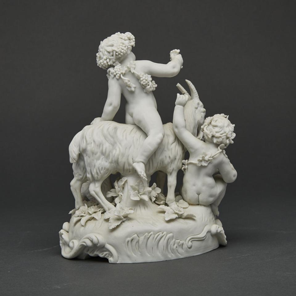 Continental White Biscuit Group of Young Bacchus with Attendant and Goats, 19th century