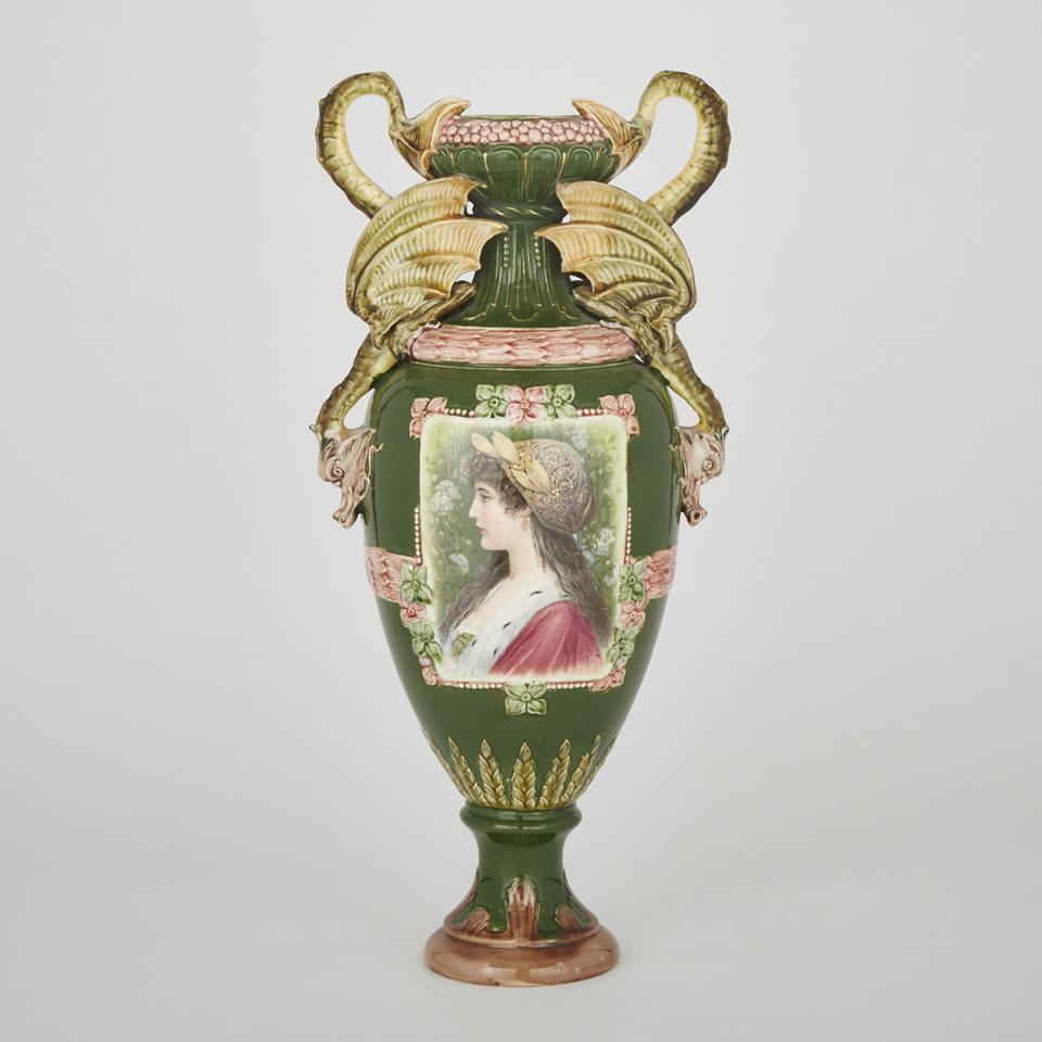 Bohemian Glazed Earthenware Two-Handled Portrait Vase, c.1900