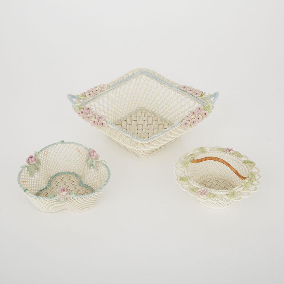 Three Flowered and Painted Belleek Baskets, 20th century