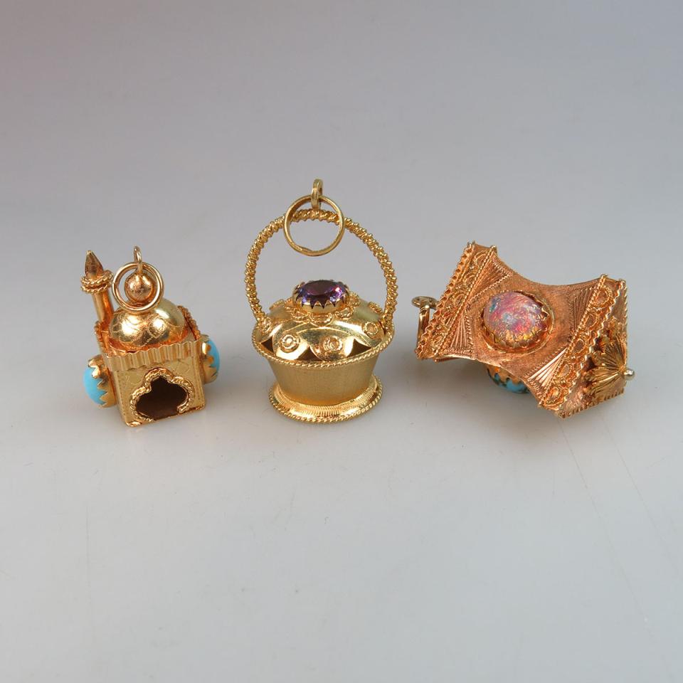 Three 18k Yellow & Rose Gold Charms set with various synthetic stones