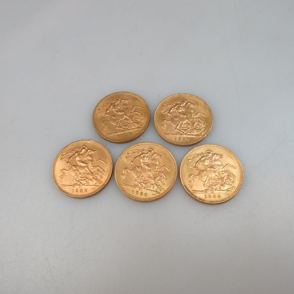 Five South African Gold Sovereign Coins