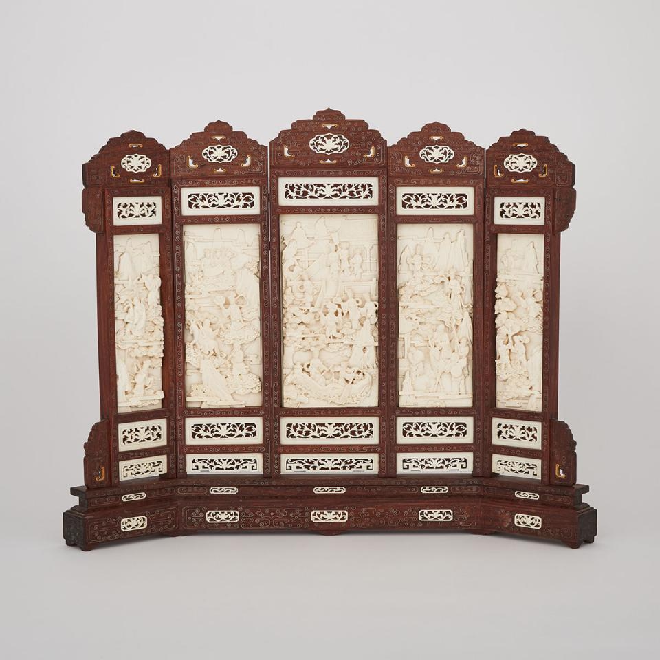 A Five Panel Ivory Inlaid Rosewood Table Screen, Republic Period