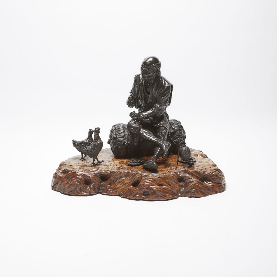 A Japanese Bronze Set of an Old Man with Chickens By Genryusai Seiya, Meiji Period