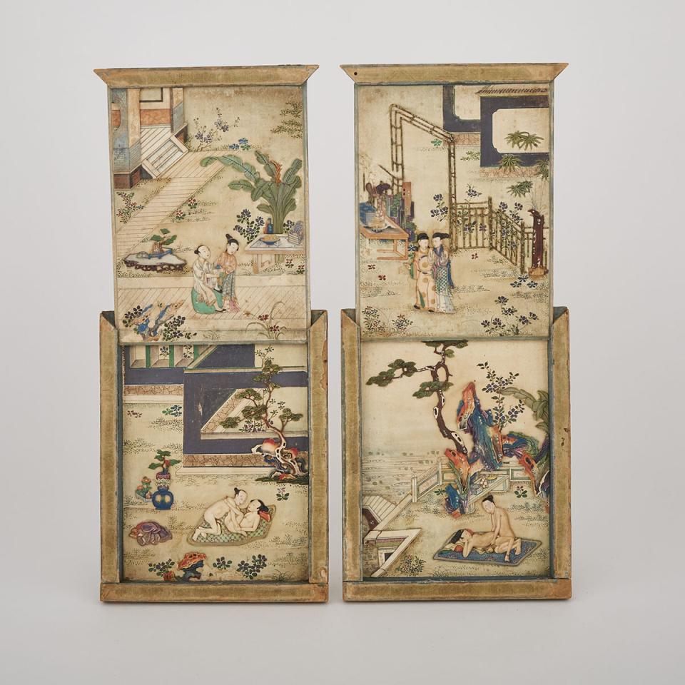 A Pair of Bone and Hardstone Erotic Panels, 19th Century