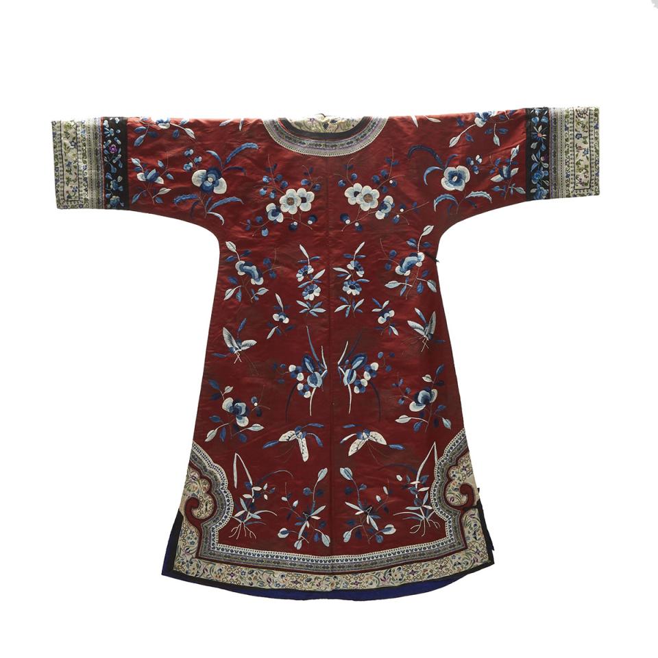 A Red Ground Silk Embroidered Female Robe, 19th Century