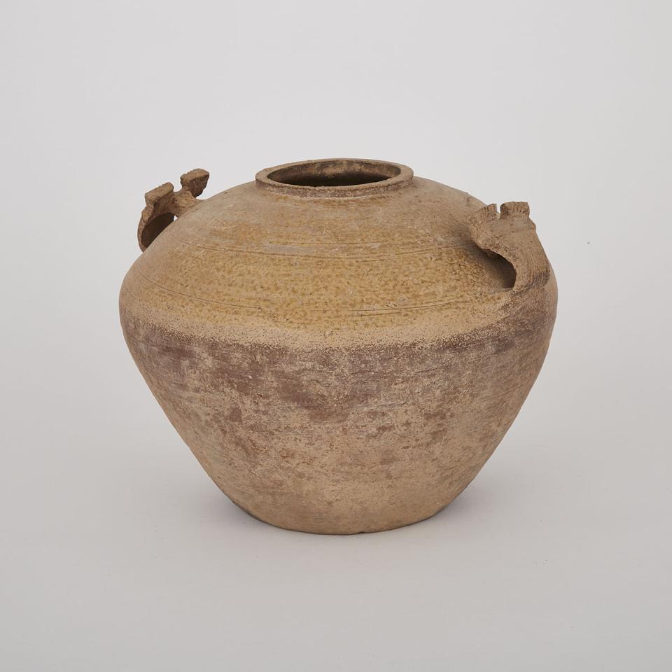 An Earthenware Storage Jar with Animal Mask Handles, Warring States to Han Dynasty