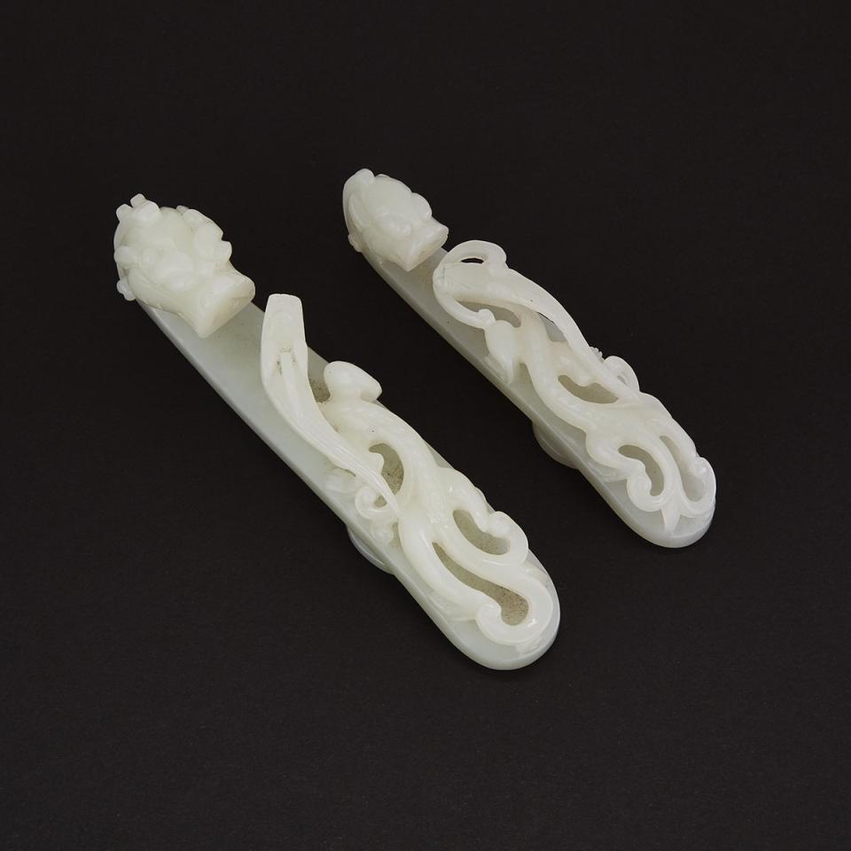 Two Celadon White Jade Belthooks, Qing dynasty