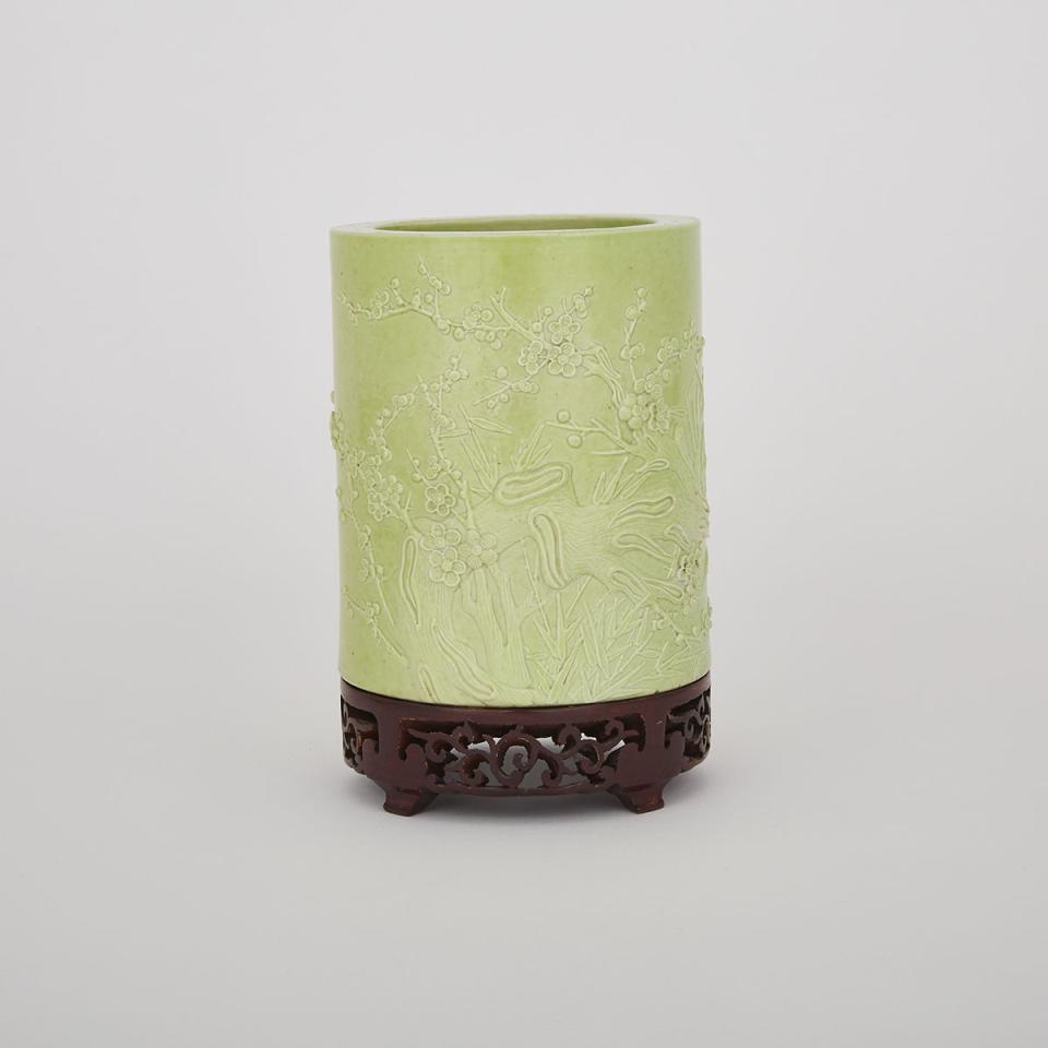 A Carved Lime-Green Glazed Brushpot, Wang Bingrong 王炳榮 Mark