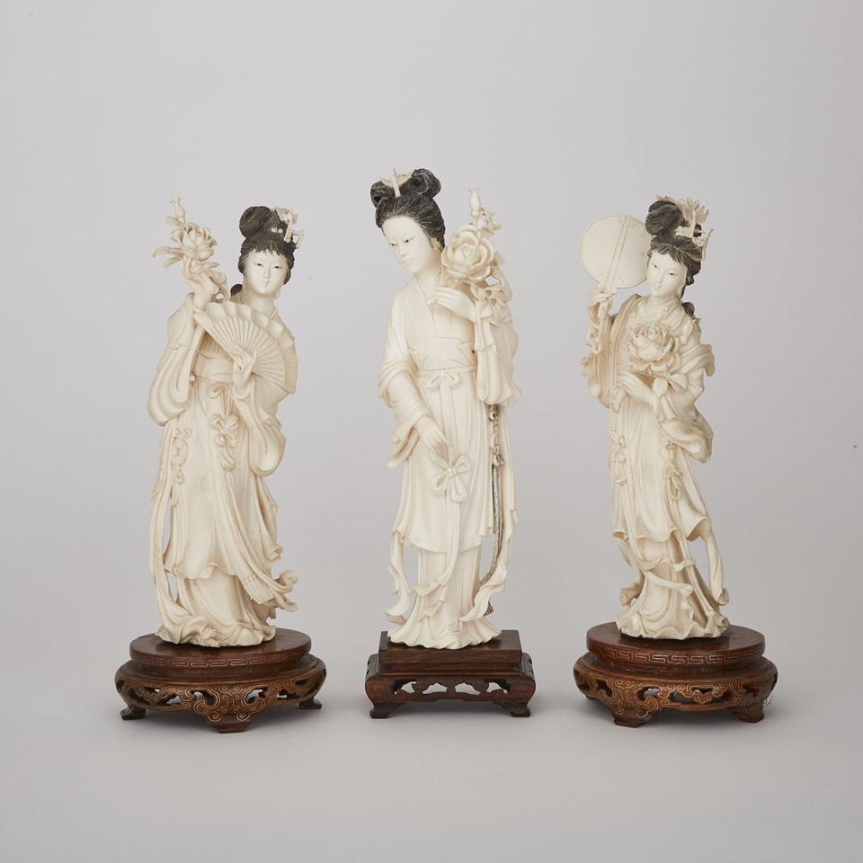 A Group of Three Carved Ivory Ladies, Circa 1940