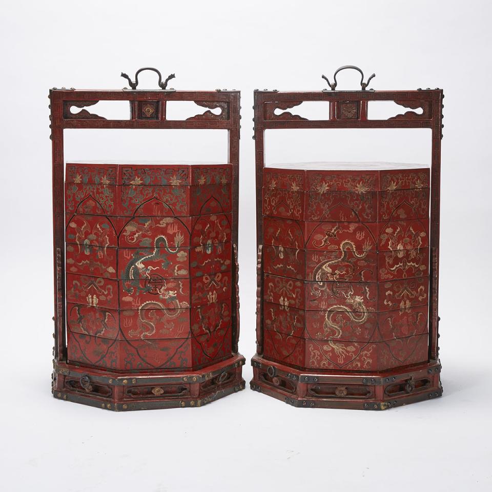 A Pair of Chinese Red Lacquer Wedding Baskets, Republic Period