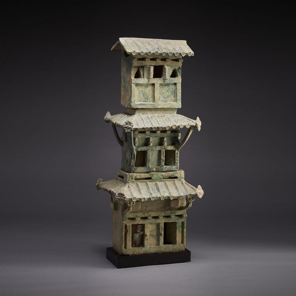 A Green-Glazed Three Tier Pottery Tower, Han Dynasty (206 BC - AD 220)