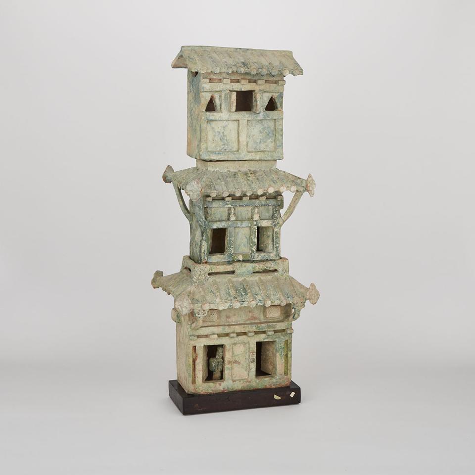 A Green-Glazed Three Tier Pottery Tower, Han Dynasty (206 BC - AD 220)