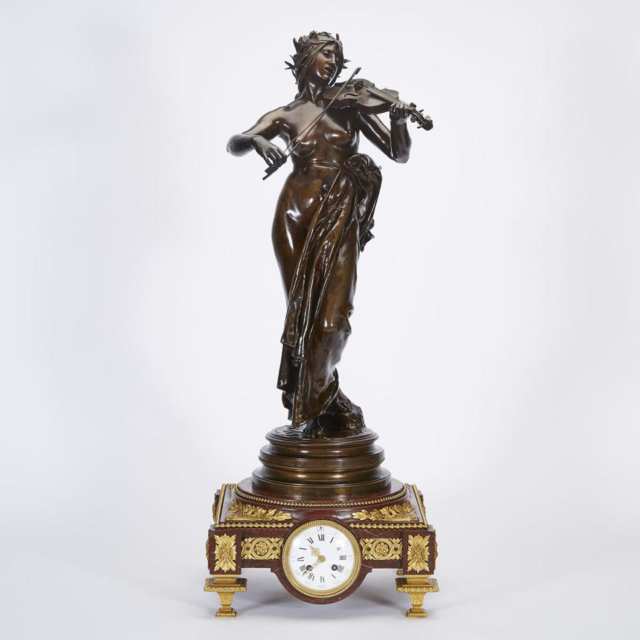 French Bronze and Ormolu Mounted Marble Figural Mantle Clock by F. Barbedienne, Paris, late 19th century