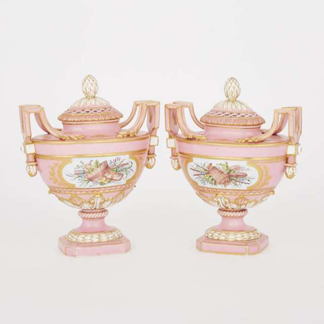 Pair of ‘Sèvres’ Pink Ground Two-Handled Potpourri Vases with Covers, late 19th century