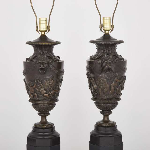 Pair of French Neoclassical Patinated Bronze Urns, 19th century