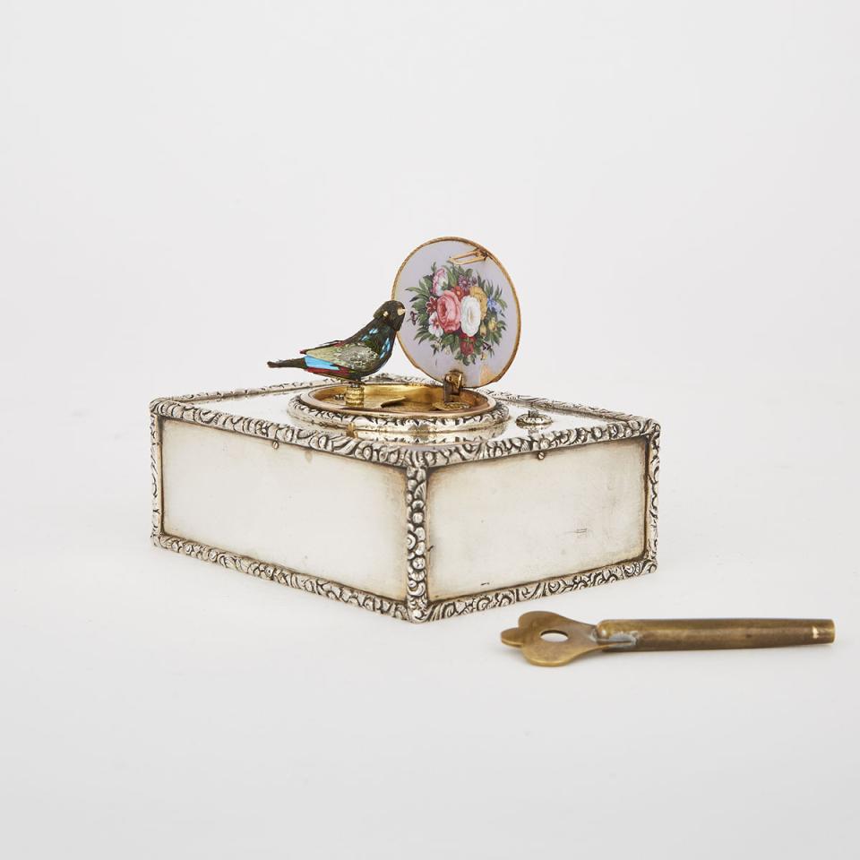 German Silver Plate Automaton ‘Singing Bird’ Music Box, c.1900