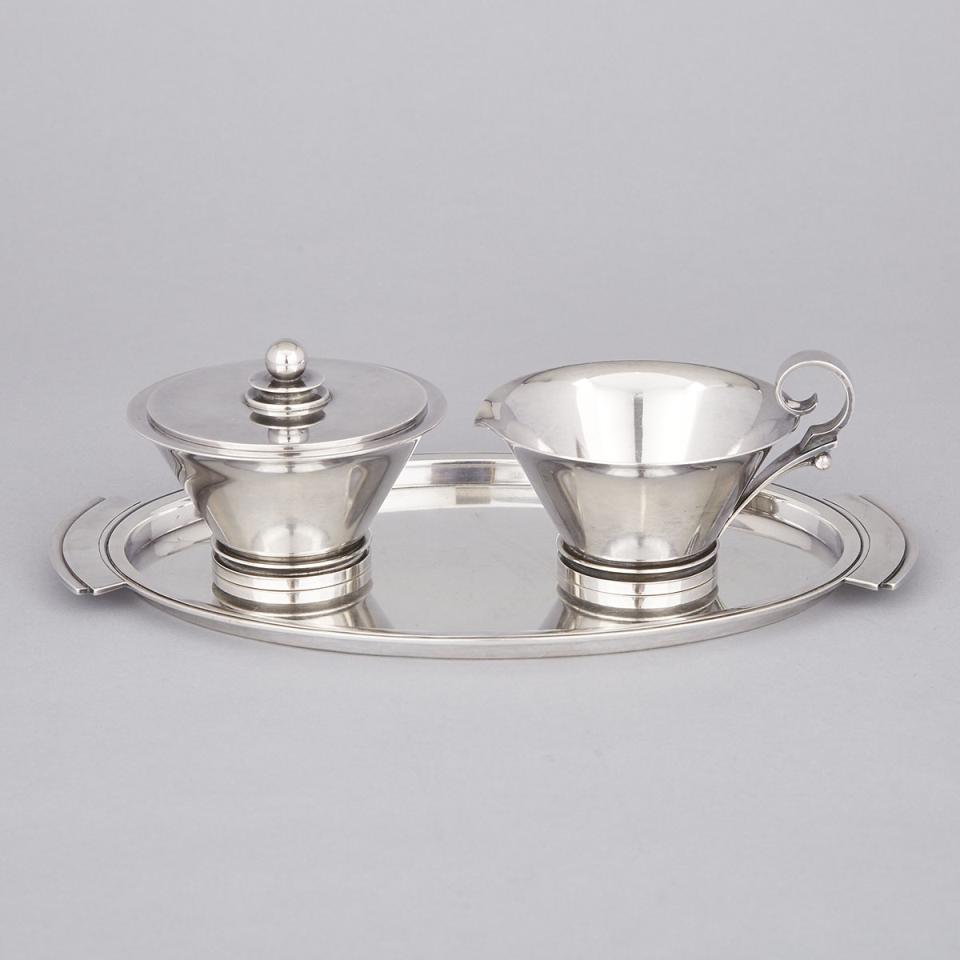 Danish Silver ‘Pyramid’ Pattern Cream Jug and Covered Sugar Basin with Tray, #600A and 600I, Harald Nielsen for Georg Jensen, Copenhagen, c.1933-44