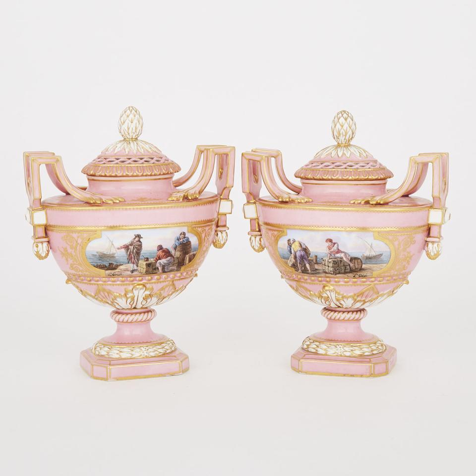 Pair of ‘Sèvres’ Pink Ground Two-Handled Potpourri Vases with Covers, late 19th century