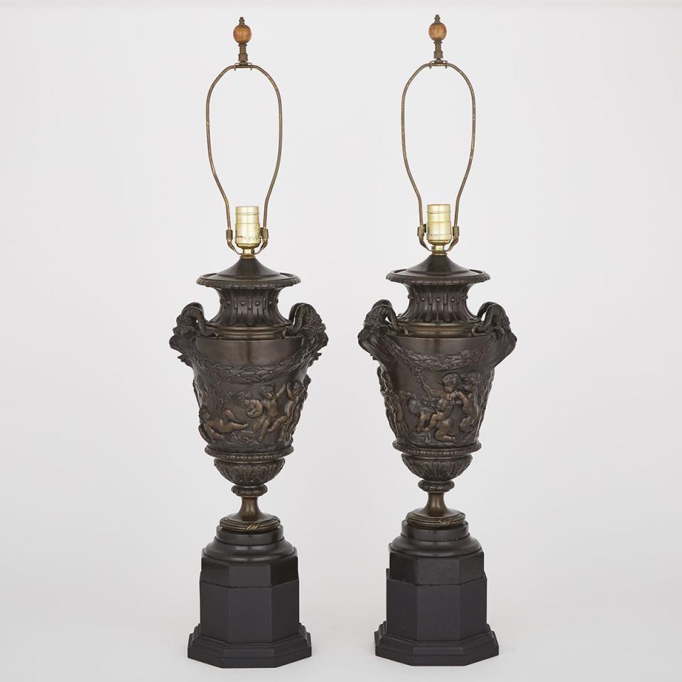 Pair of French Neoclassical Patinated Bronze Urns, 19th century