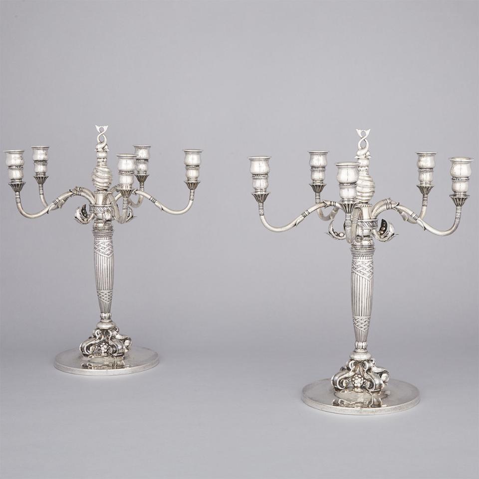 Pair of Danish Silver Five-Light Candelabra, #224, Johan Rohde for Georg Jensen, Copenhagen, c.1917-19