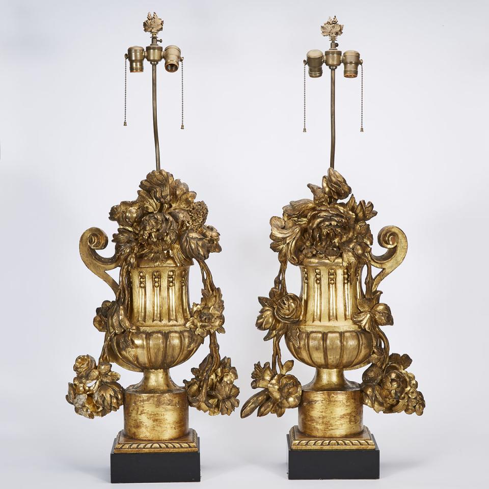 Pair of Giltwood Urn Form Table Lamps, early 20th century