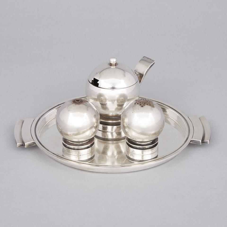 Danish Silver ‘Pyramid’ Pattern Salt and Pepper Casters, Mustard Pot and Tray, #632 and 632A, Harald Nielsen for Georg Jensen, Copenhagen, c.1933-44