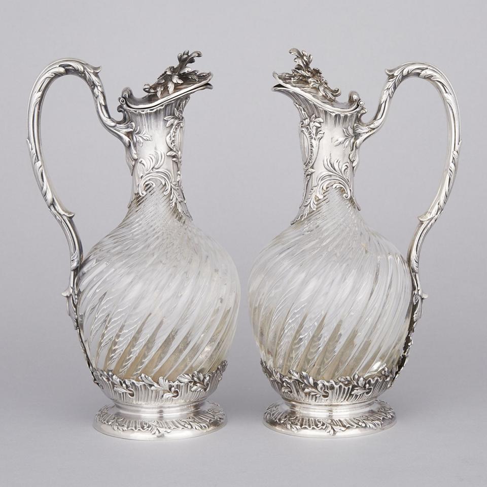 Pair of French Silver Mounted Cut Glass Claret Jugs, Edmond Tetard, Paris, c.1900