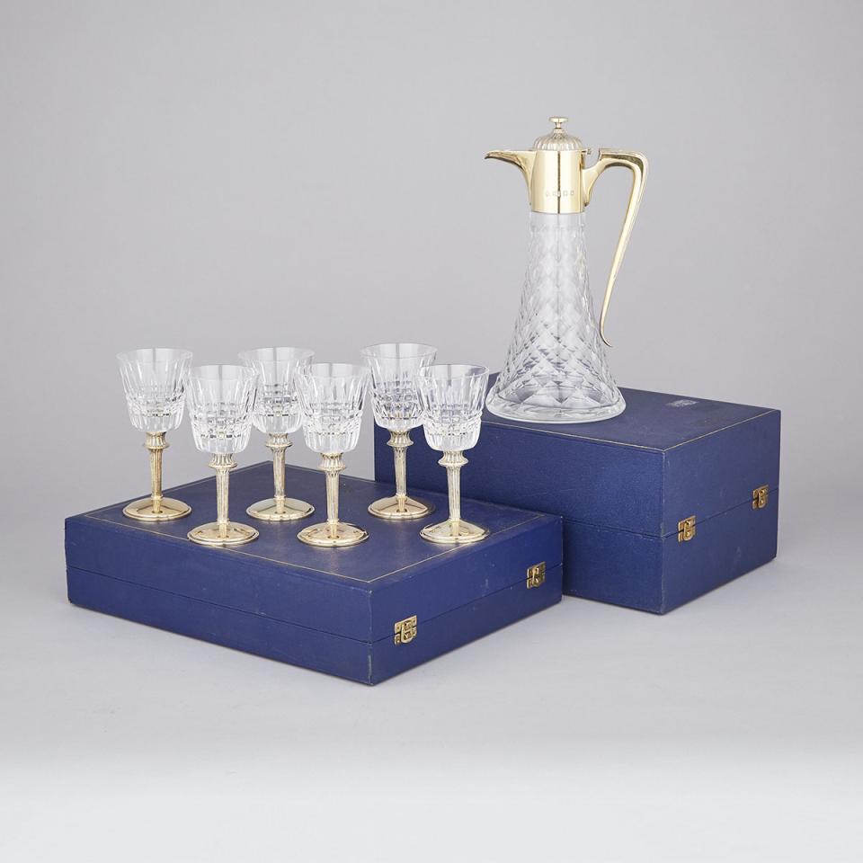 English Silver-Gilt Mounted Cut Glass Claret Jug and Six Goblets, Hennell, Frazer & Haws, London, 1972/73