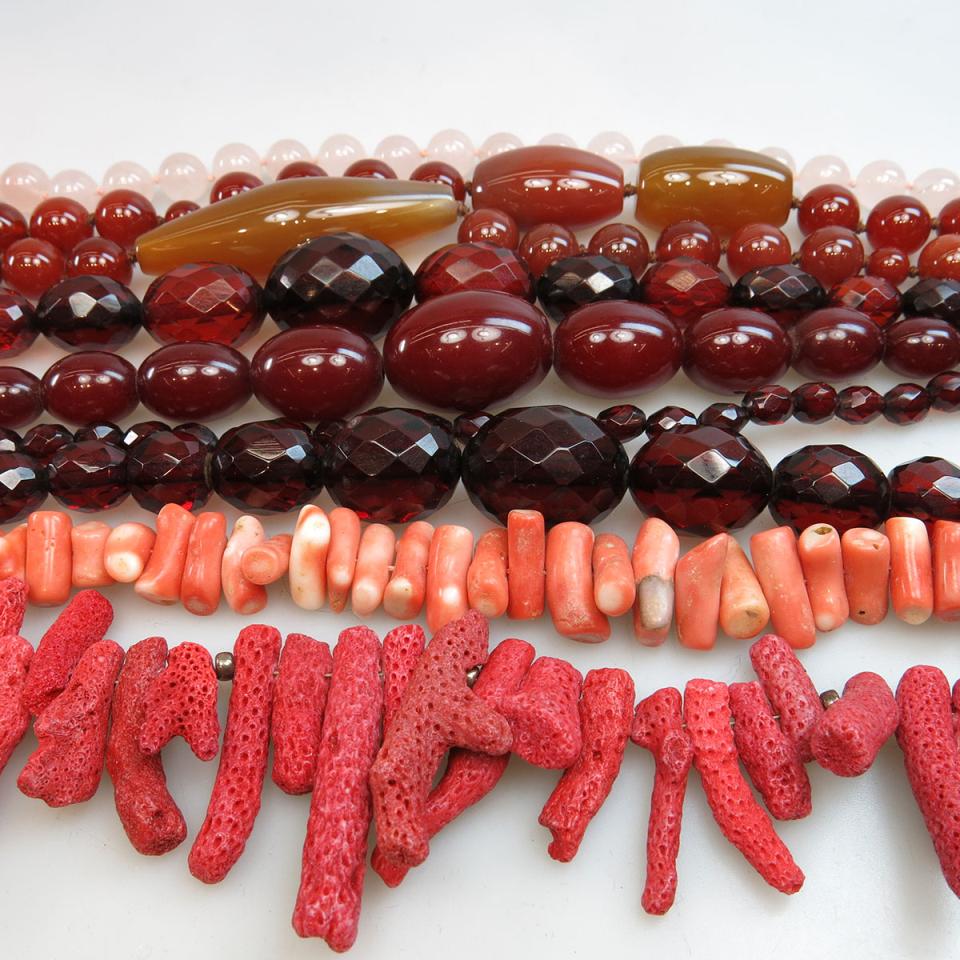Quantity Of Amber, Hardstone, Coral, And Rose Quartz Beads; Etc