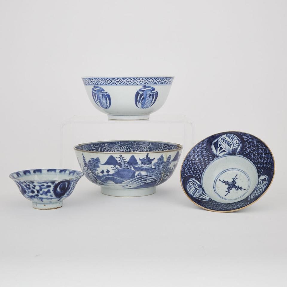 A Group of Four Blue and White Bowls
