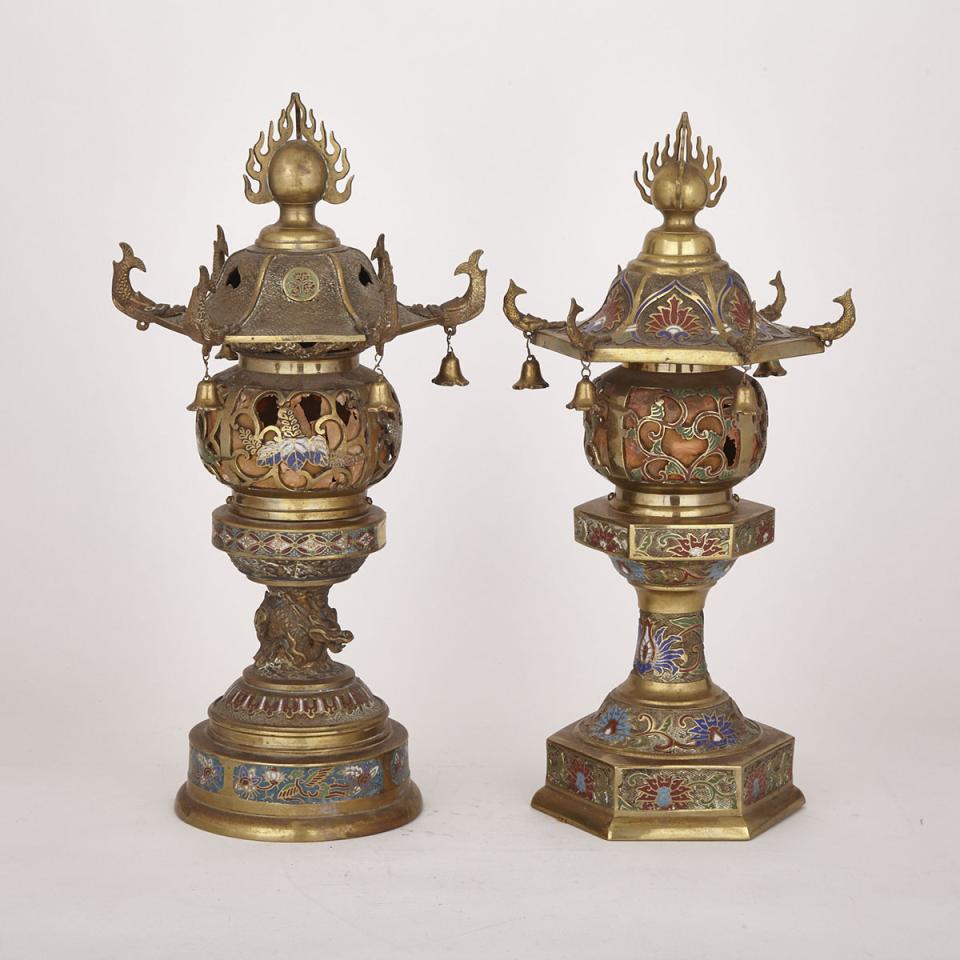 A Pair of Champlevee Enamel Bronze Lamps, Meiji Period, Circa 1900