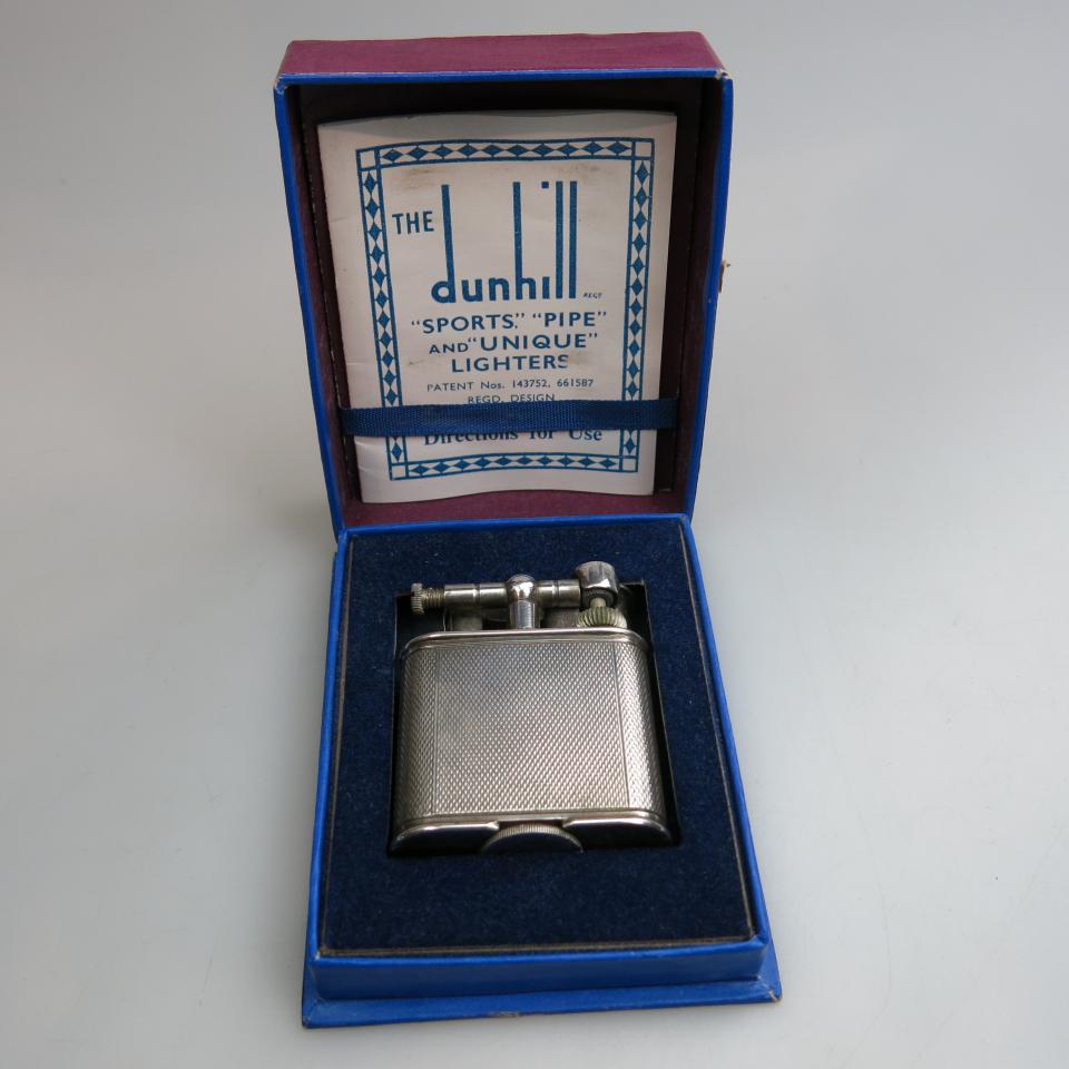 Dunhill Lift Arm Unique Sport Petrol Lighter in a silver plated case